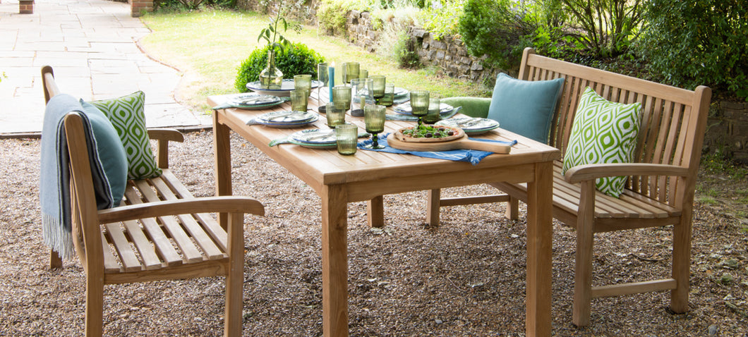  Teakunique's Lily teak table for six with two Sumba teak benches