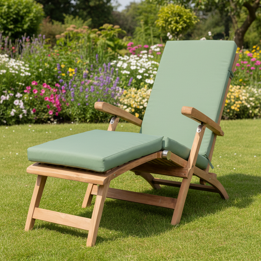 Teak wooden lounge chair with green cushions on a grassy lawn with flowers and trees in the background