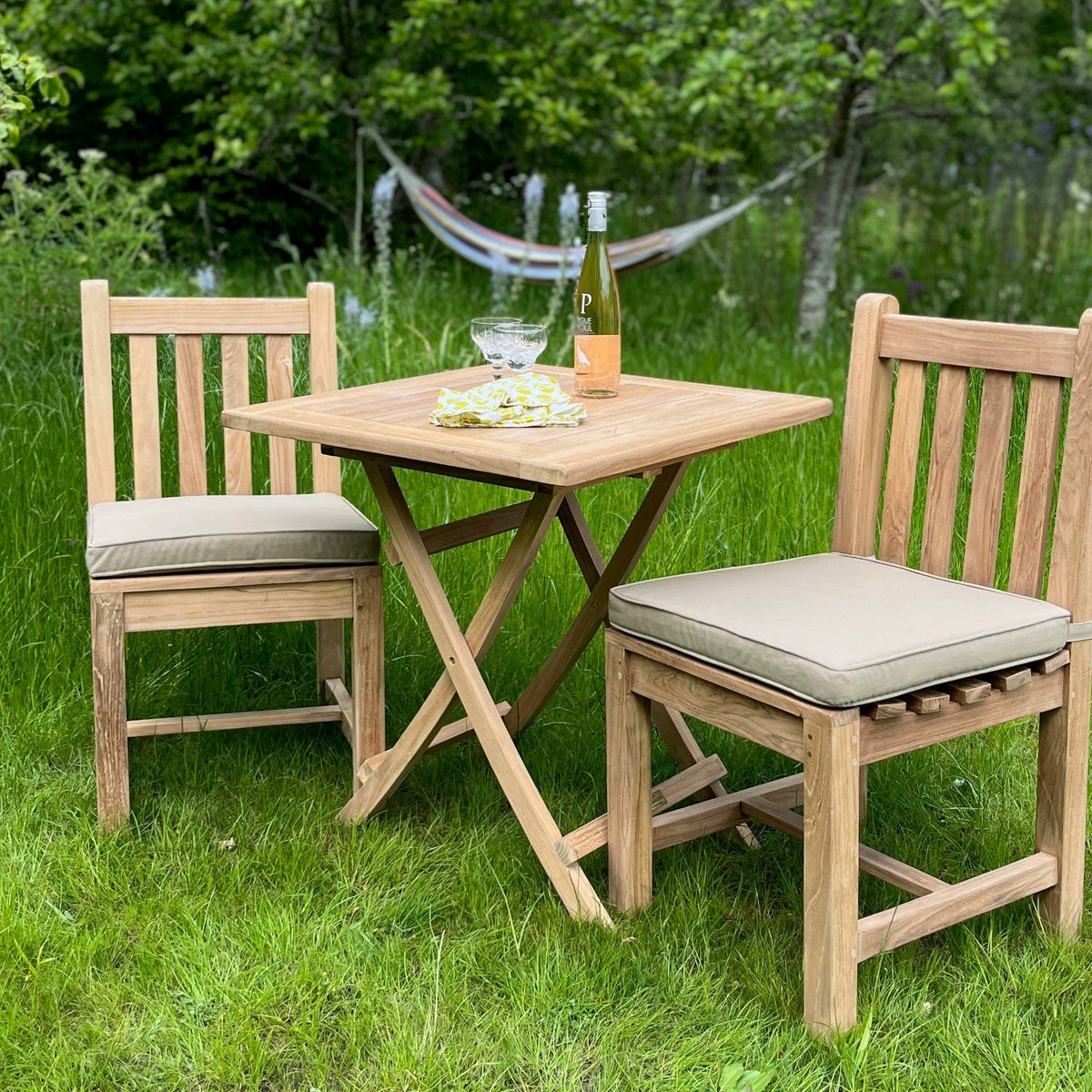 Folding teak square table with two teak chairs