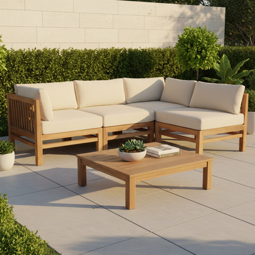 Teak modular outdoor sofa with footrest