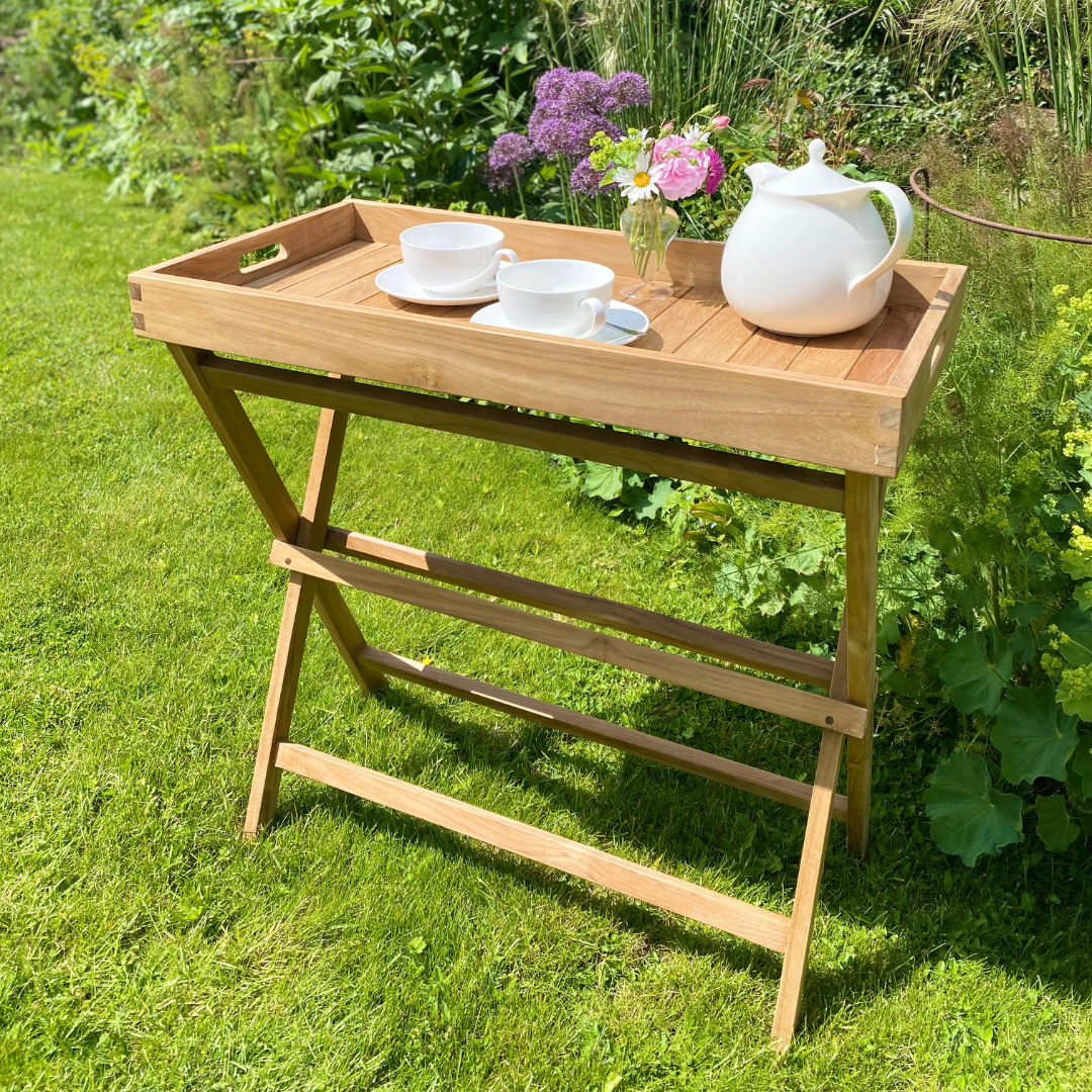 Teak Butler's Tray with tea pot and tea cups