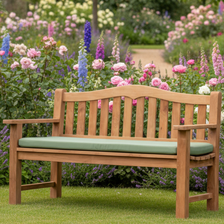 Teak wooden bench with pale green seat cushion in garden with flowers and gravel path behind