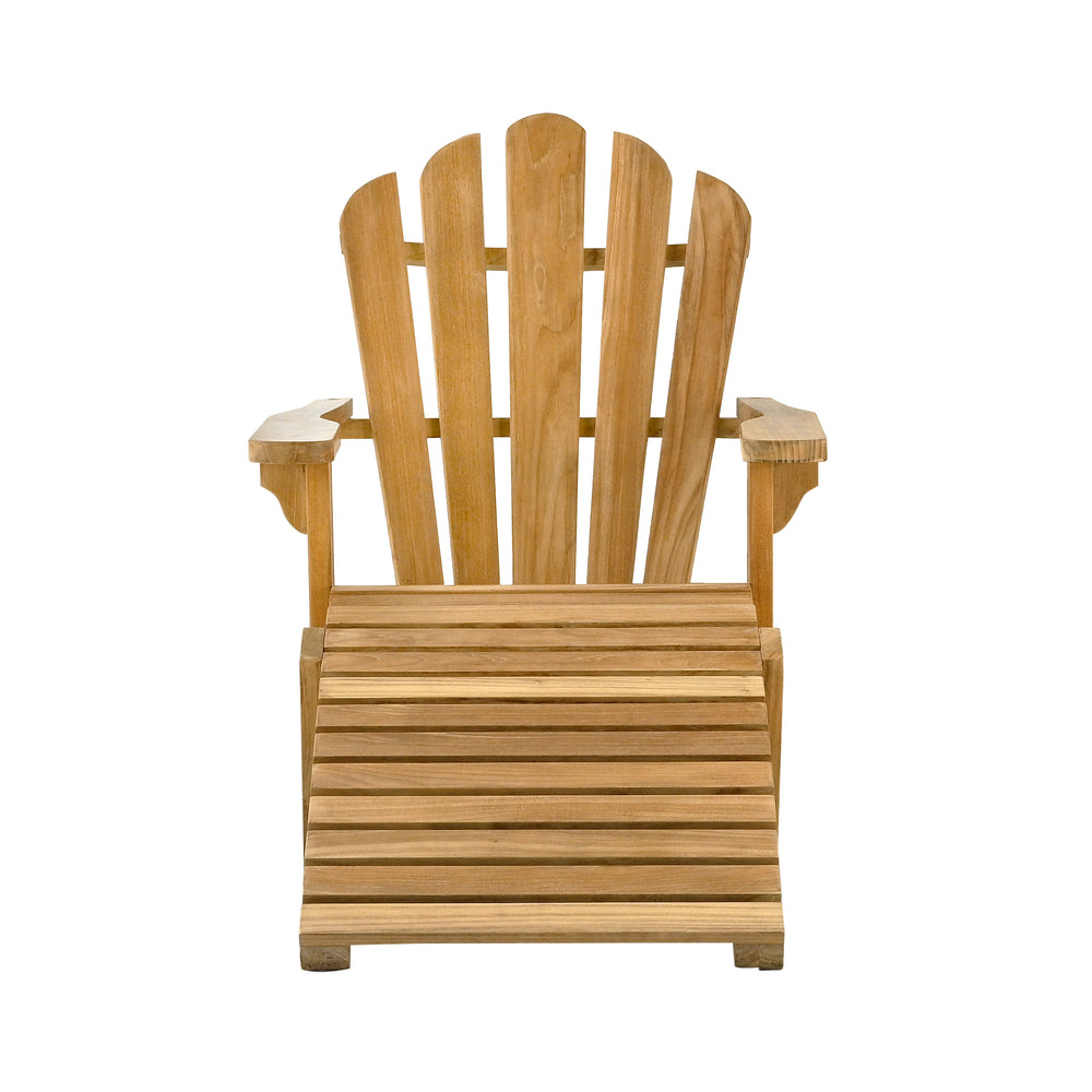
                  
                    Head on view of teak Adirondack lounging chair with footrest on a white background
                  
                