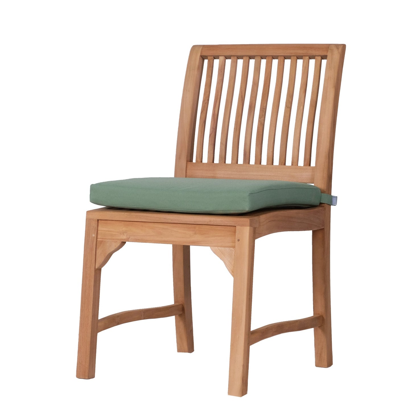 Teak wooden chair with a green cushion on a white background