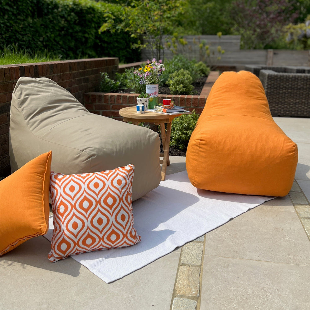 Teakunique's Beanbag style outdoor chairs with small Jasmine folding table and scatter cushions