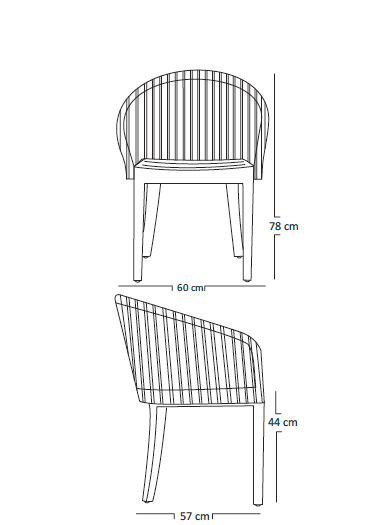 
                  
                    Pencil drawing of side view and front view of garden chair with dimensions, on white background.   
                  
                