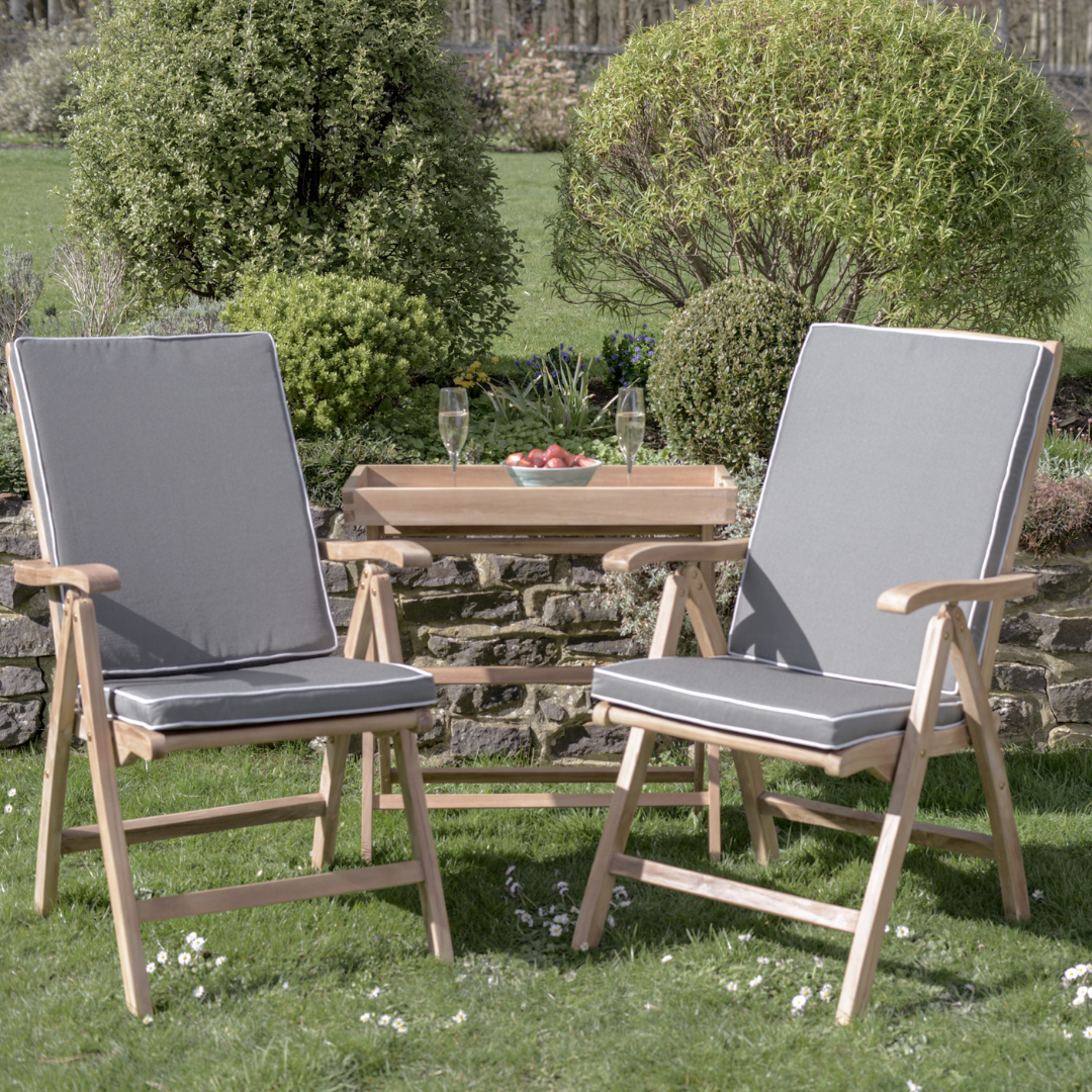  Teakunique's Butler's Tray with Borneo Recliner Chairs and grey cushions