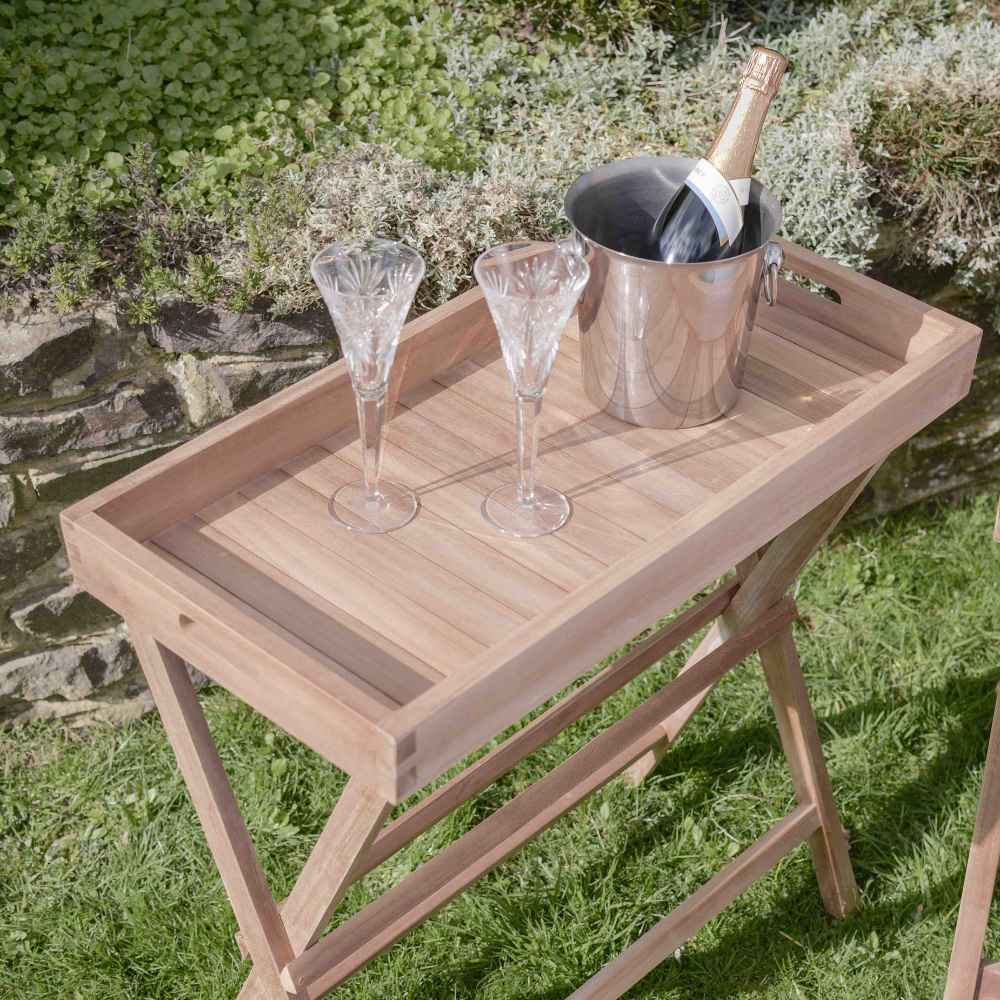  Teakunique's Butler's Tray with champagne in a bucket and two glasses