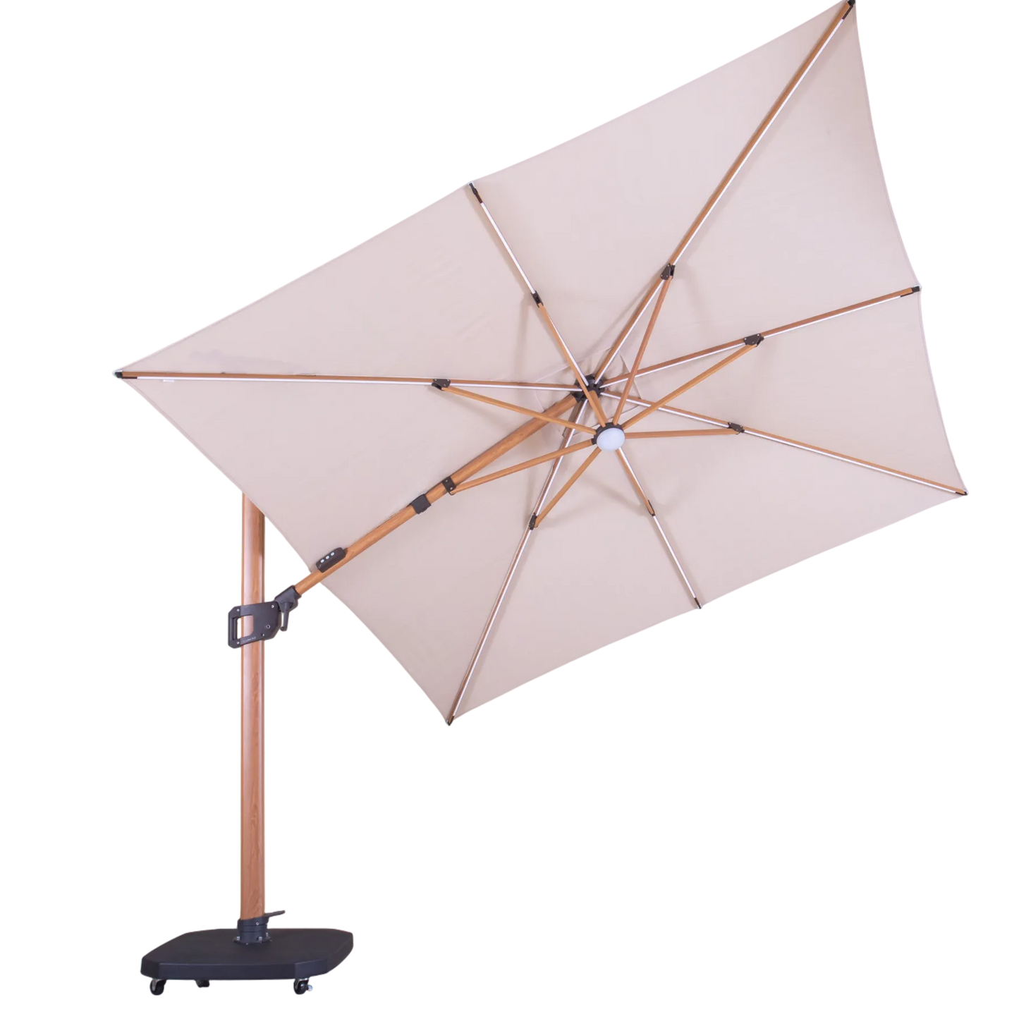 Beige patio umbrella with wooden frame on a white background