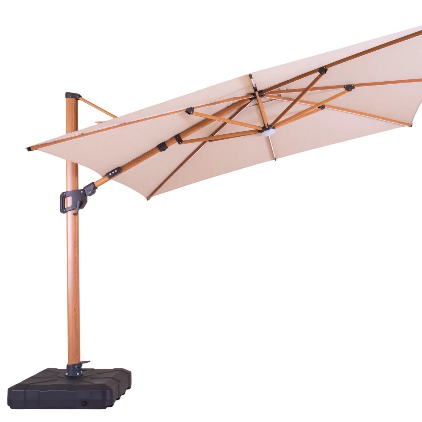 Beige patio umbrella with wooden frame on a white background