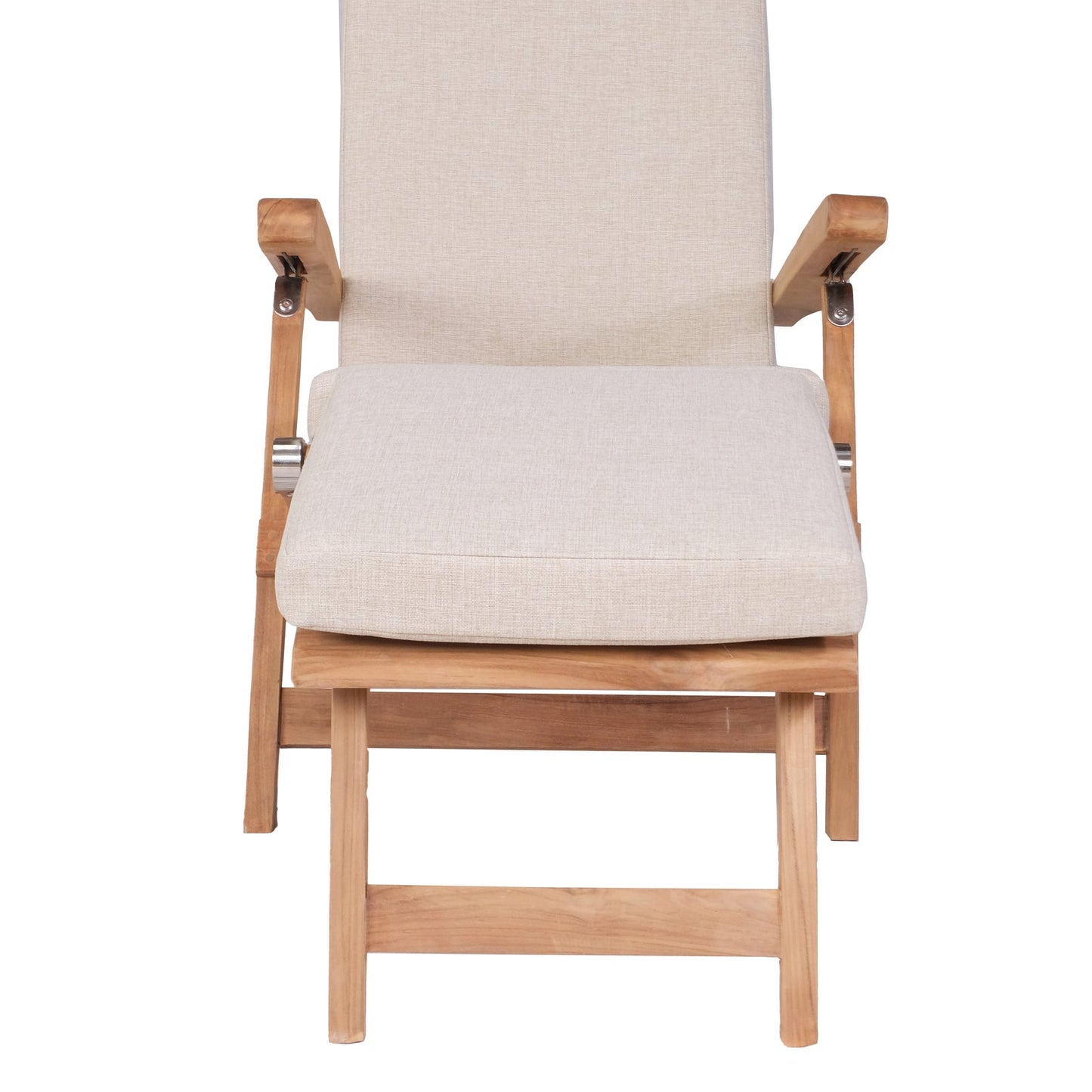 Teak `eooden chair with beige cushion on a white background