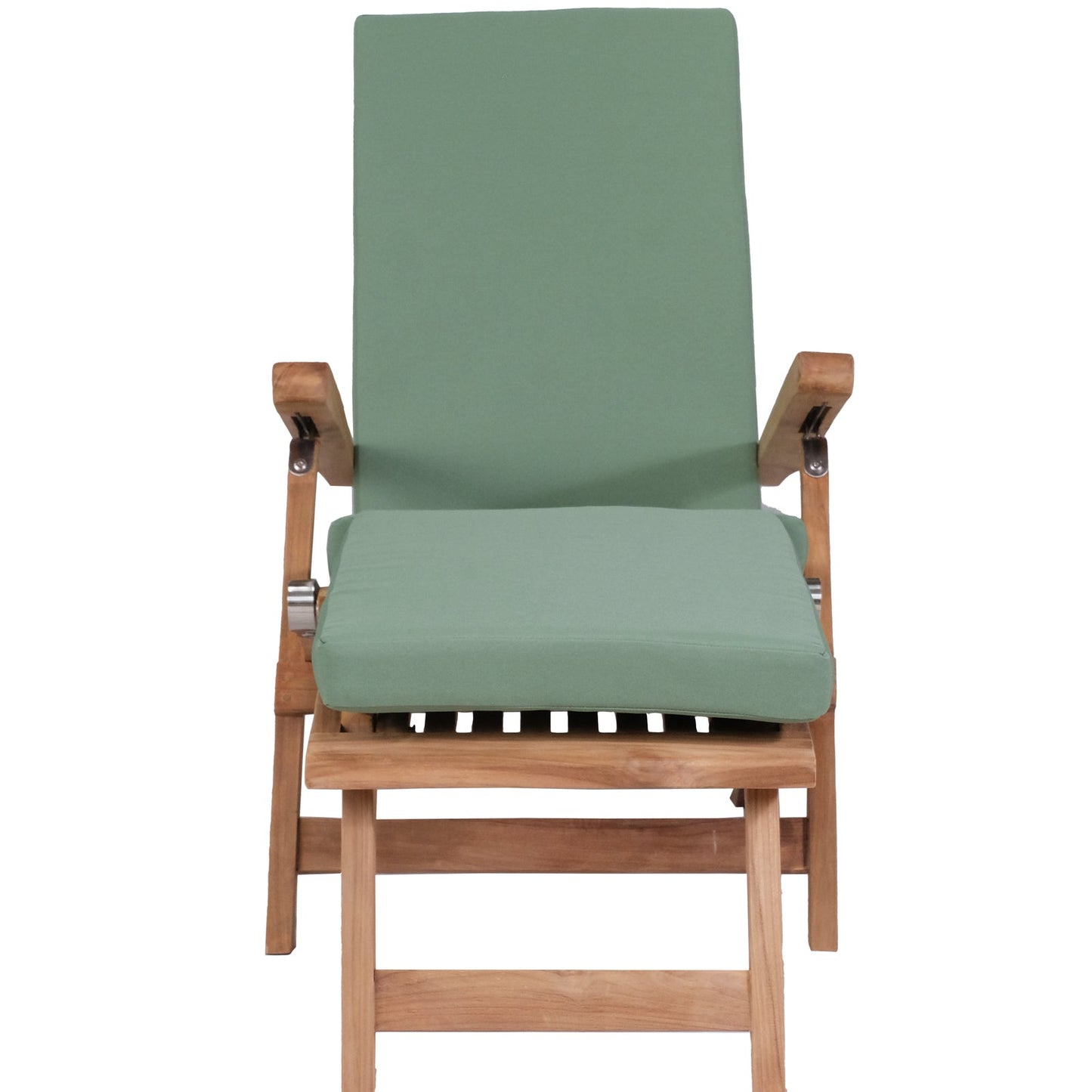 Teak wooden chair with green cushions on a white background