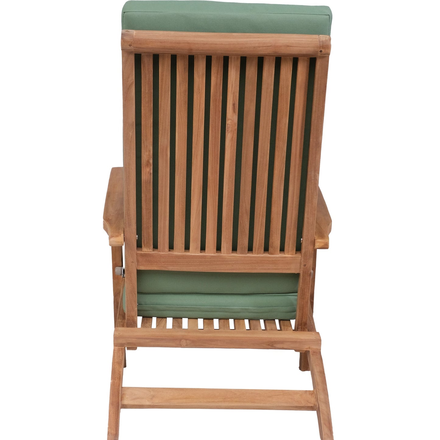 Teak wooden steamer chair with green cushions on a white background
