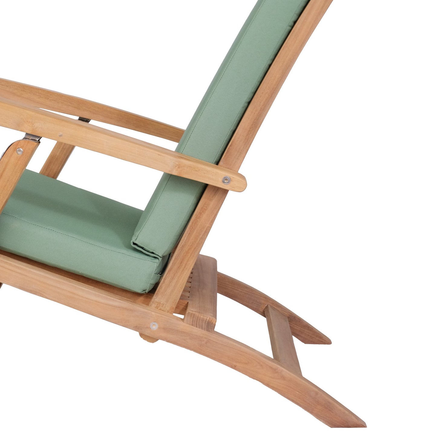 Teak wooden recliner chair with green cushions on a white background