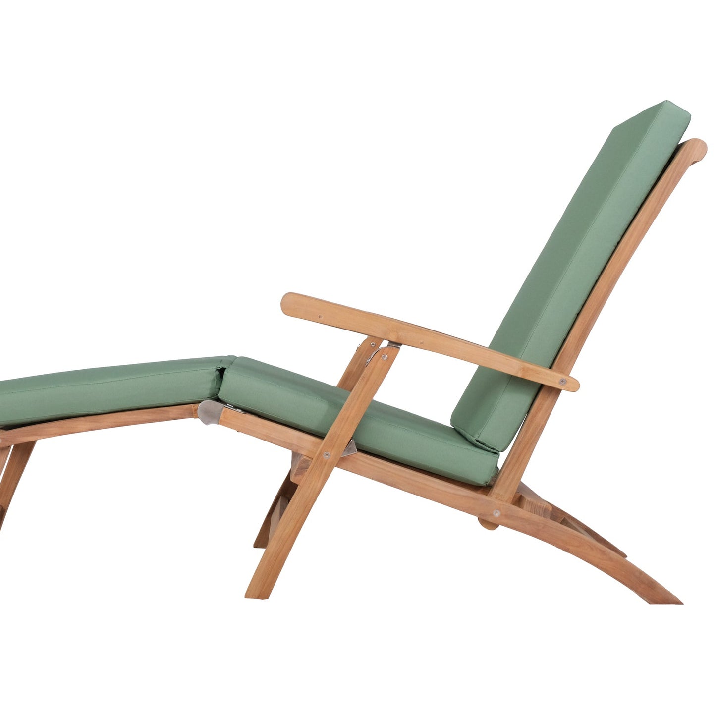 Teak wooden lounge chair with green cushions on a white background