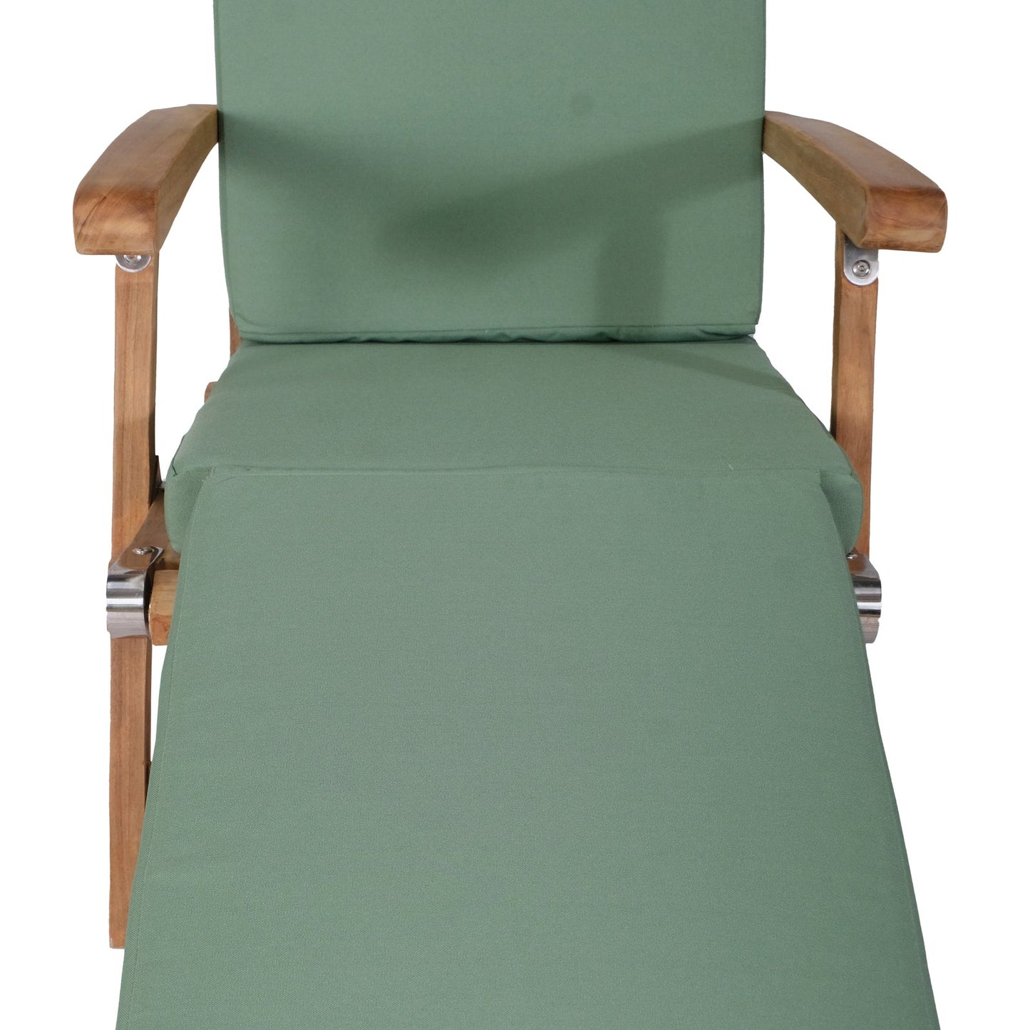 Green cushioned chair with  teak wooden frame on a white background