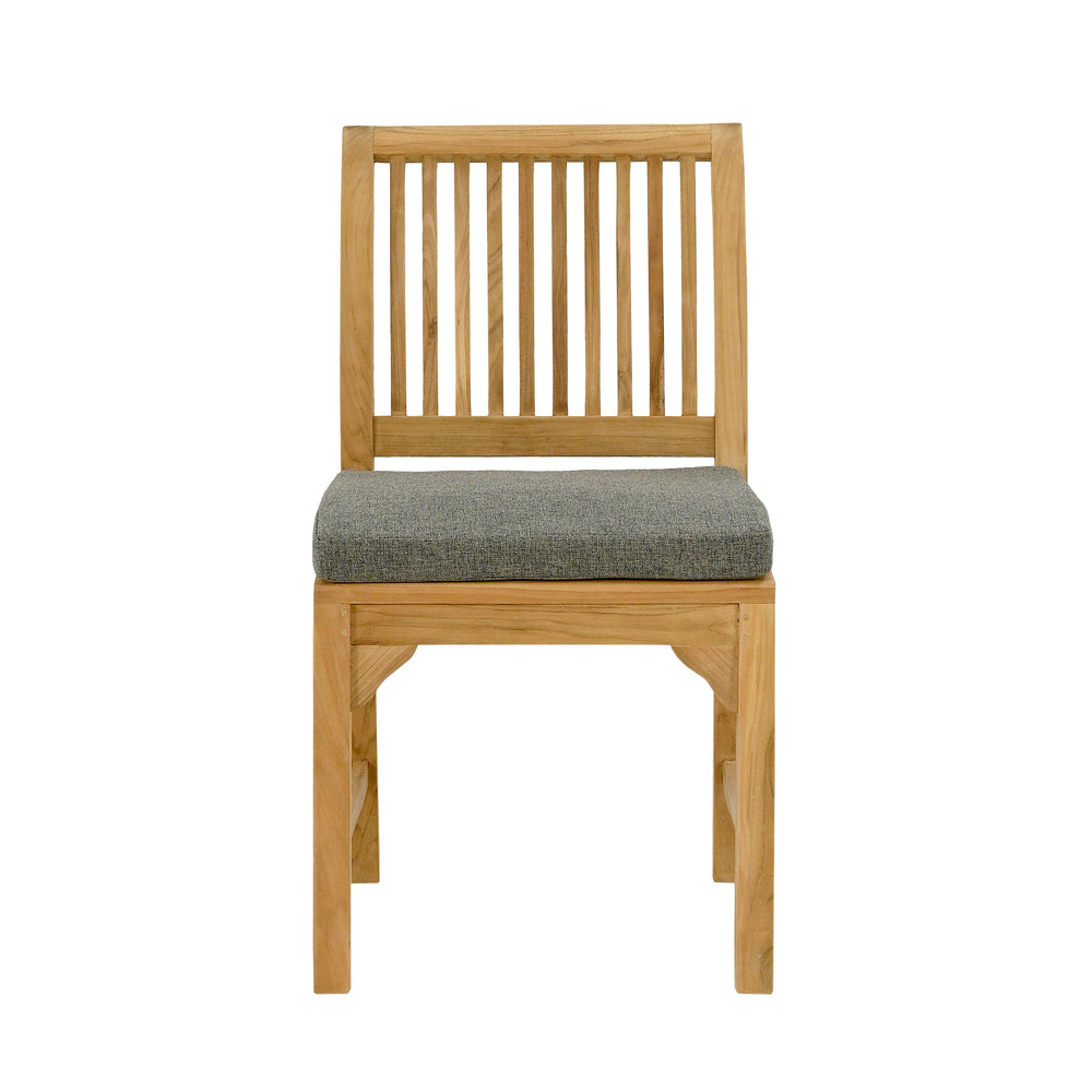 
                  
                    Front view of teak dining chair with grey seat cushion, on white background 
                  
                