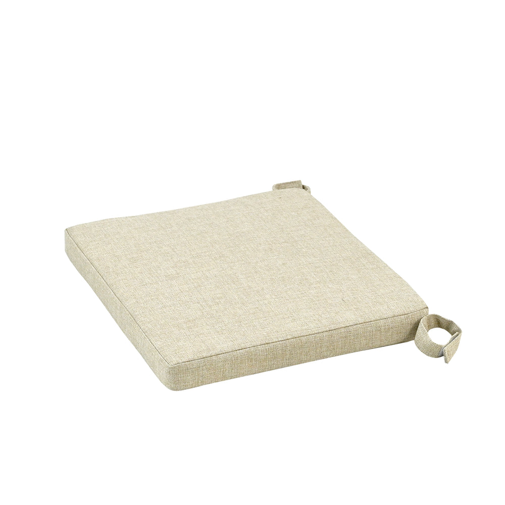 
                  
                    Single square seat cushion in oatmeal colour with visible tie, on white background
                  
                