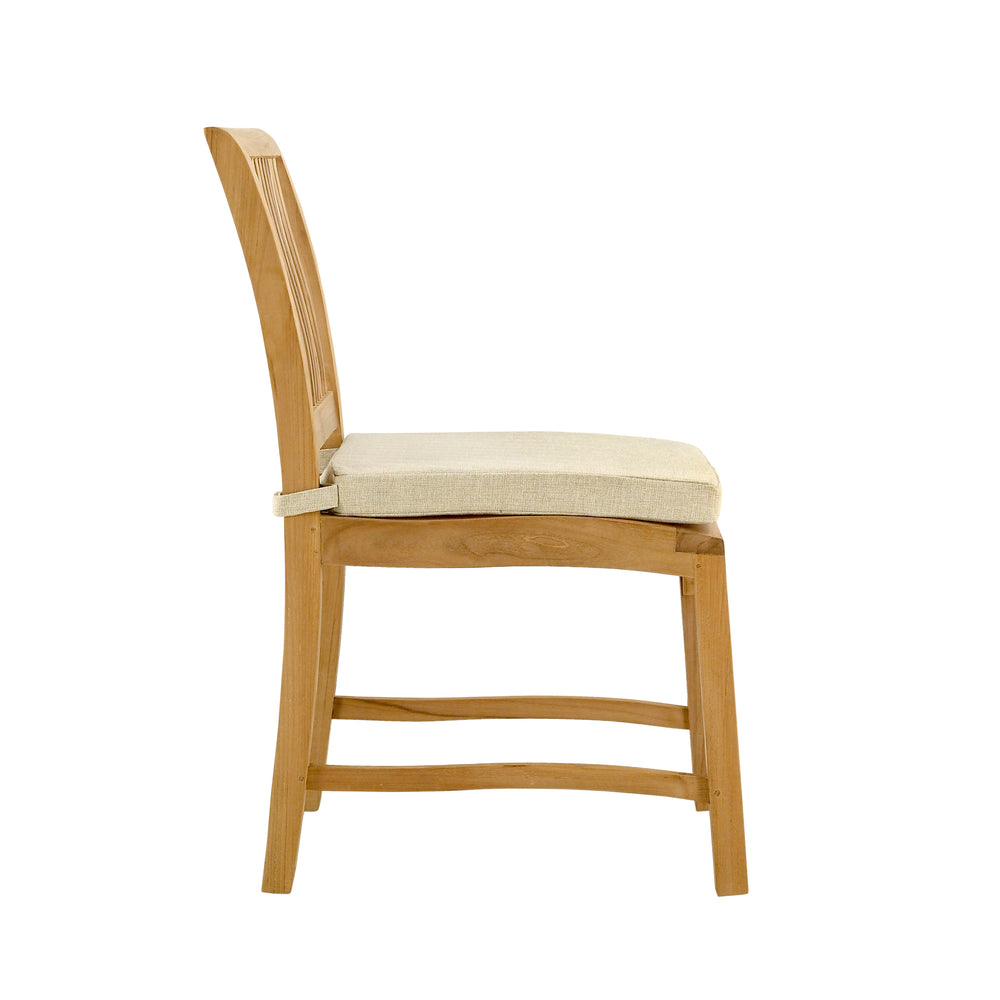 
                  
                    Side view of teak dining chair with oatmeal seat cushion, on white background 
                  
                