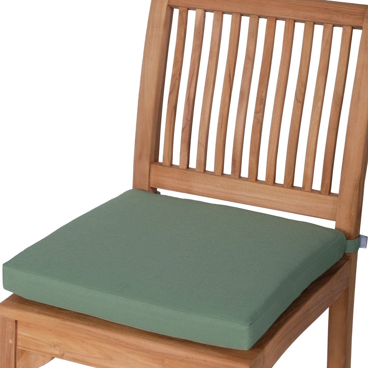 Teak wooden chair with a green cushion on a white background