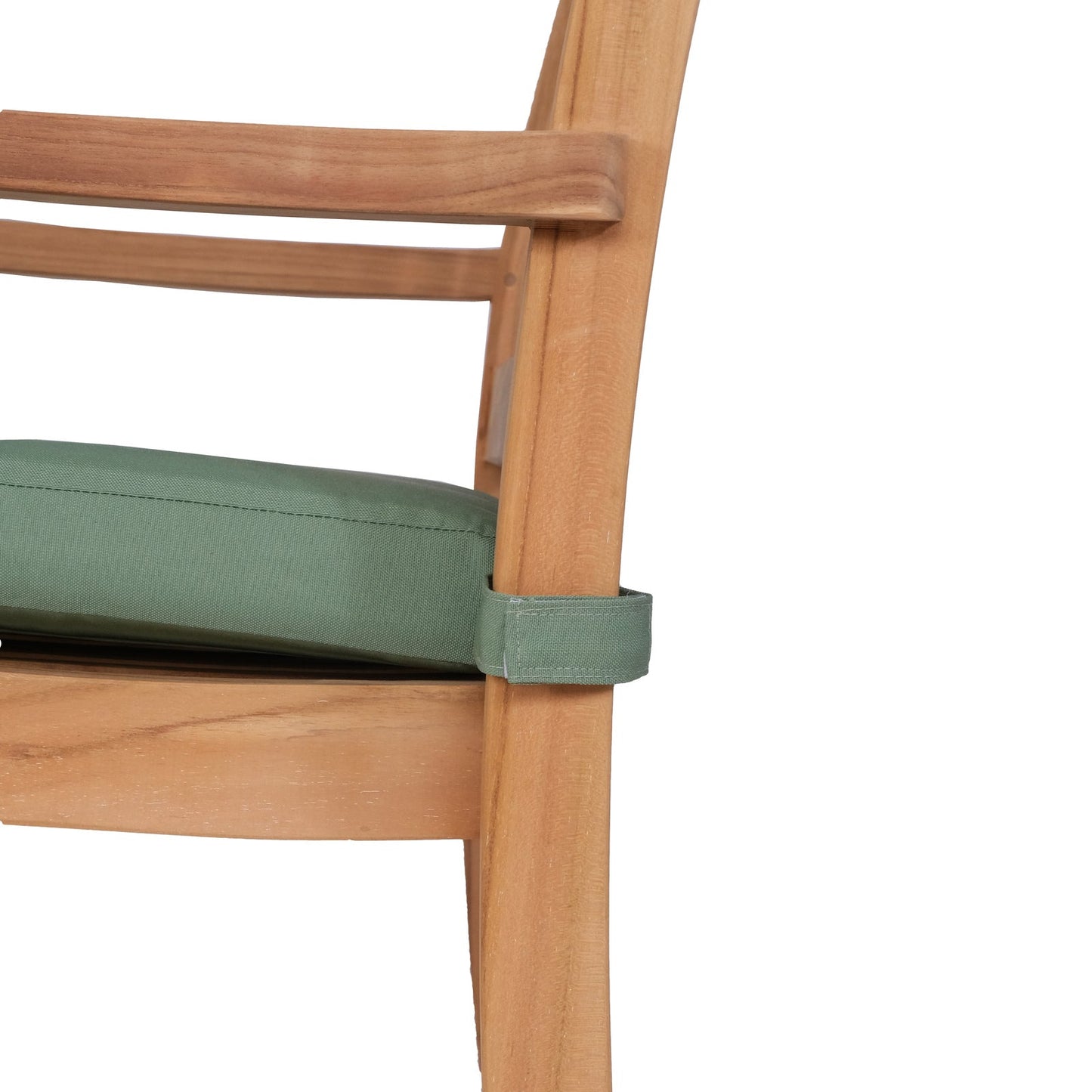 Teak wooden chair with a green cushion on a white background