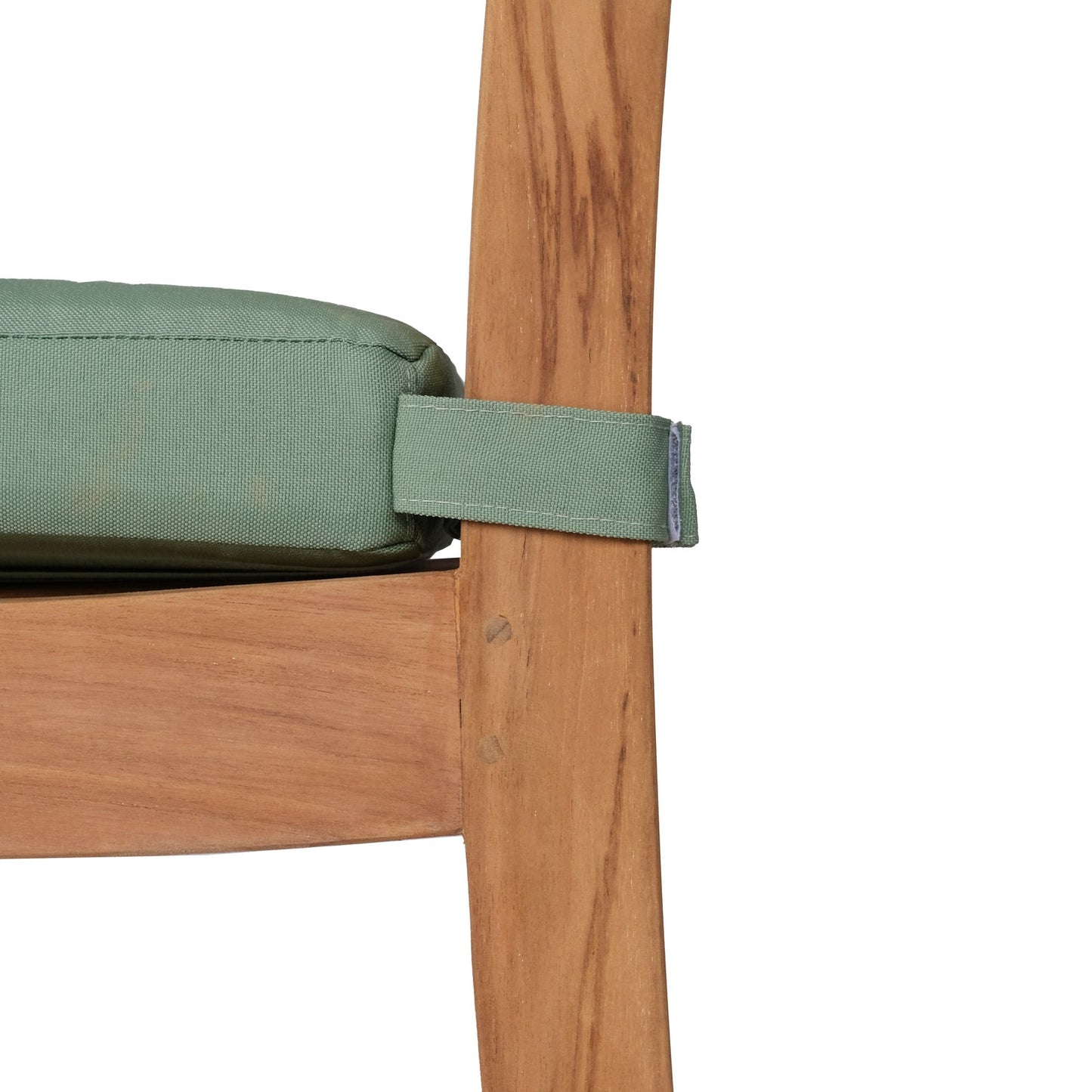 Close-up of a teak wooden chair with a green cushion and strap on a white background