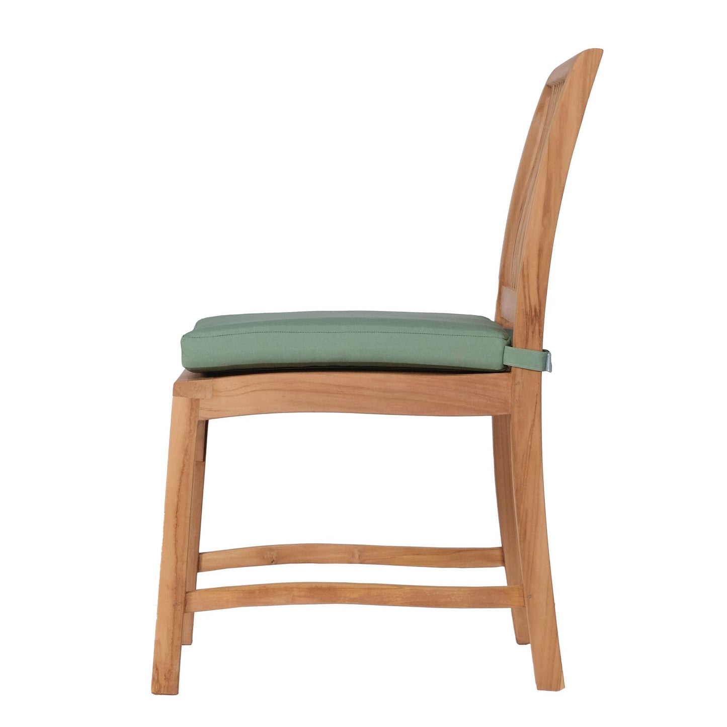 Teak wooden chair with a green cushion on a white background