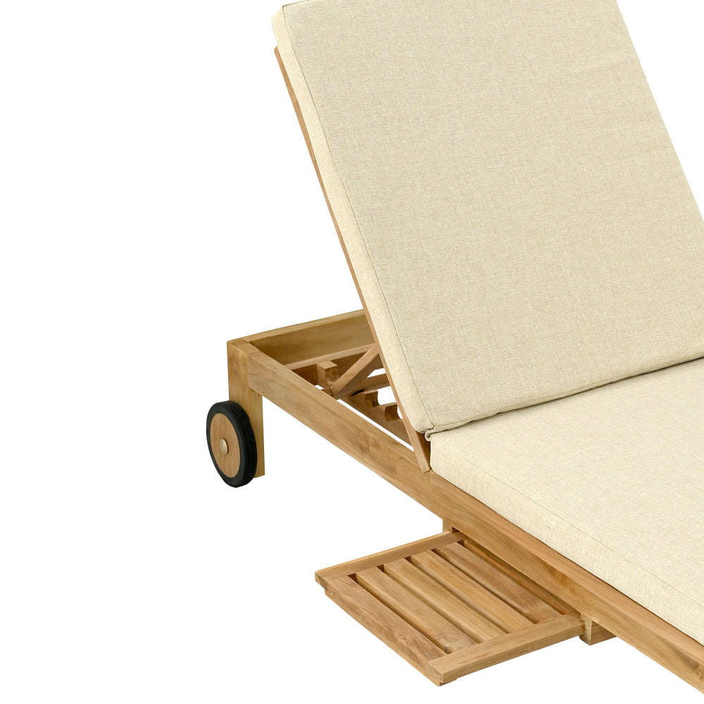 
                  
                    teak reclining lounger chair with wheels and cream coloured cushion on white background. 
                  
                
