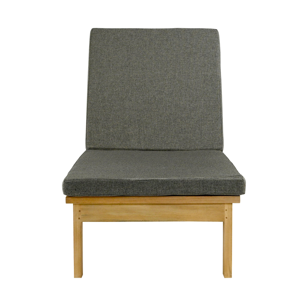 
                  
                    Single teak lounging chair with grey seat and backrest cushion, on white background. 
                  
                