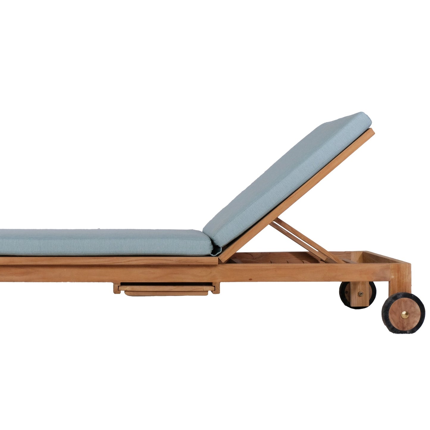 Teak wooden sun lounger with a cushion on a white background
