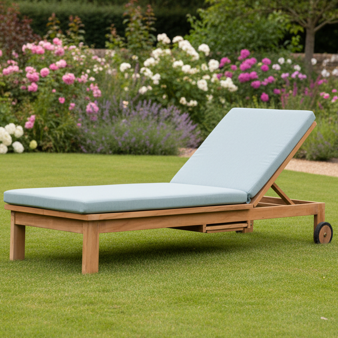 Teak wooden lounge chair with a light blue cushion on a grassy area with flowers and trees in the background.