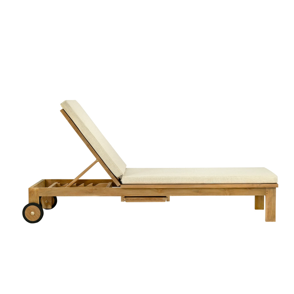 
                  
                    Side view of teak reclining lounger chair with oatmeal cushion and wheels
                  
                