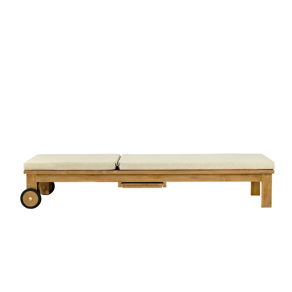 
                  
                    Side view of teak reclining lounger chair, lying flat, with oatmeal cushion and wheels
                  
                