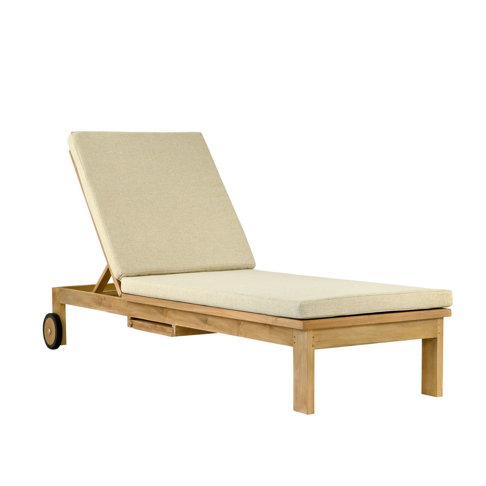 
                  
                    Side view of teak reclining lounger chair with oatmeal cushion and wheels, on white background
                  
                