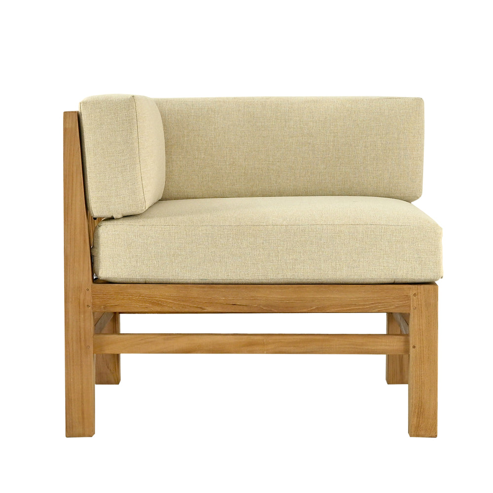 
                  
                    Teak outdoor sofa corner unit with beige cushions on a white background
                  
                