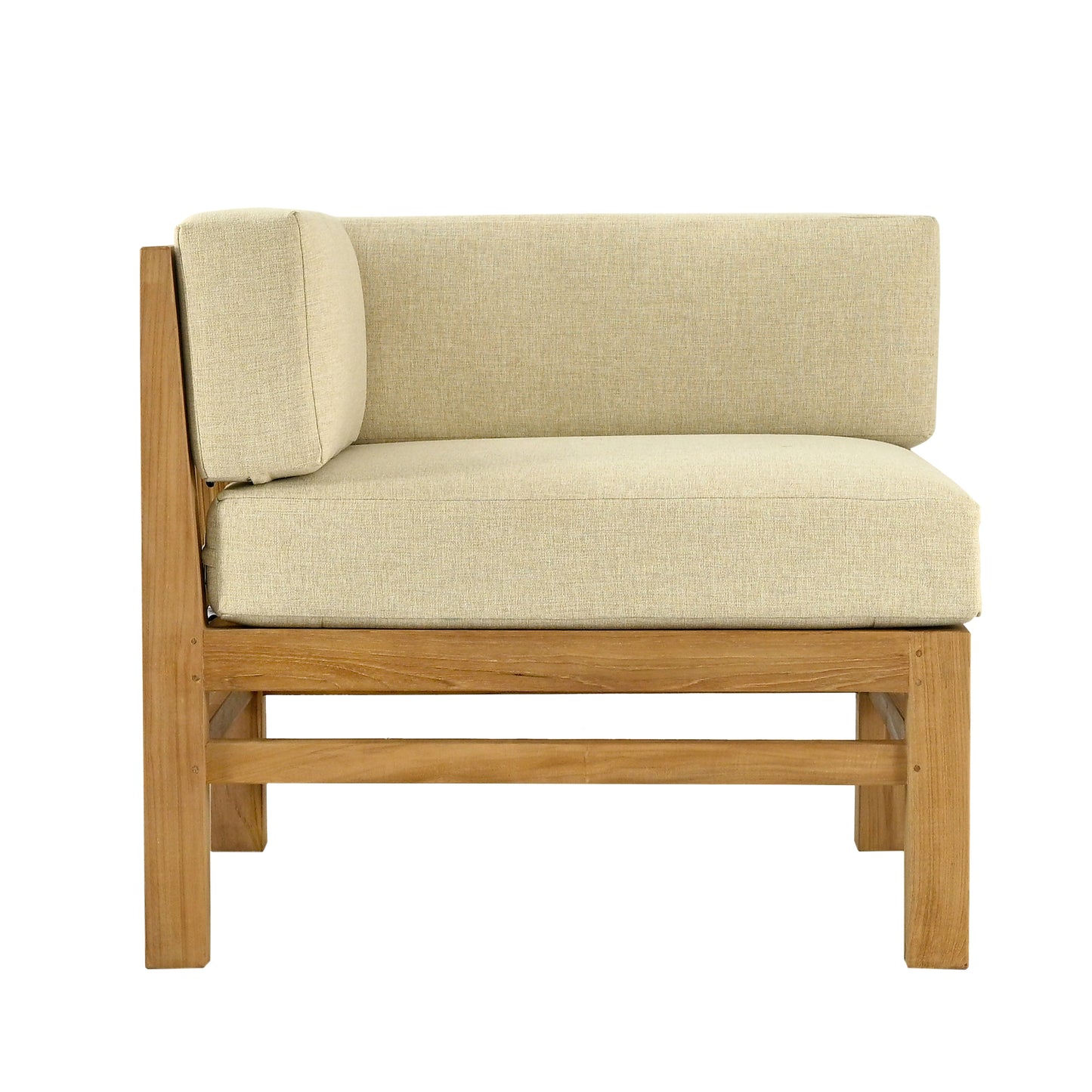 Teak outdoor sofa corner unit with beige cushions on a white background