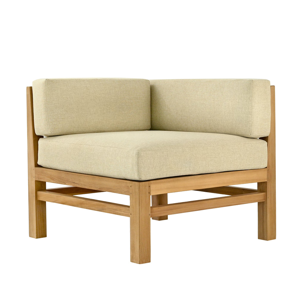 
                  
                    A modular teak sofa corner unit with beige cushions, on white background
                  
                