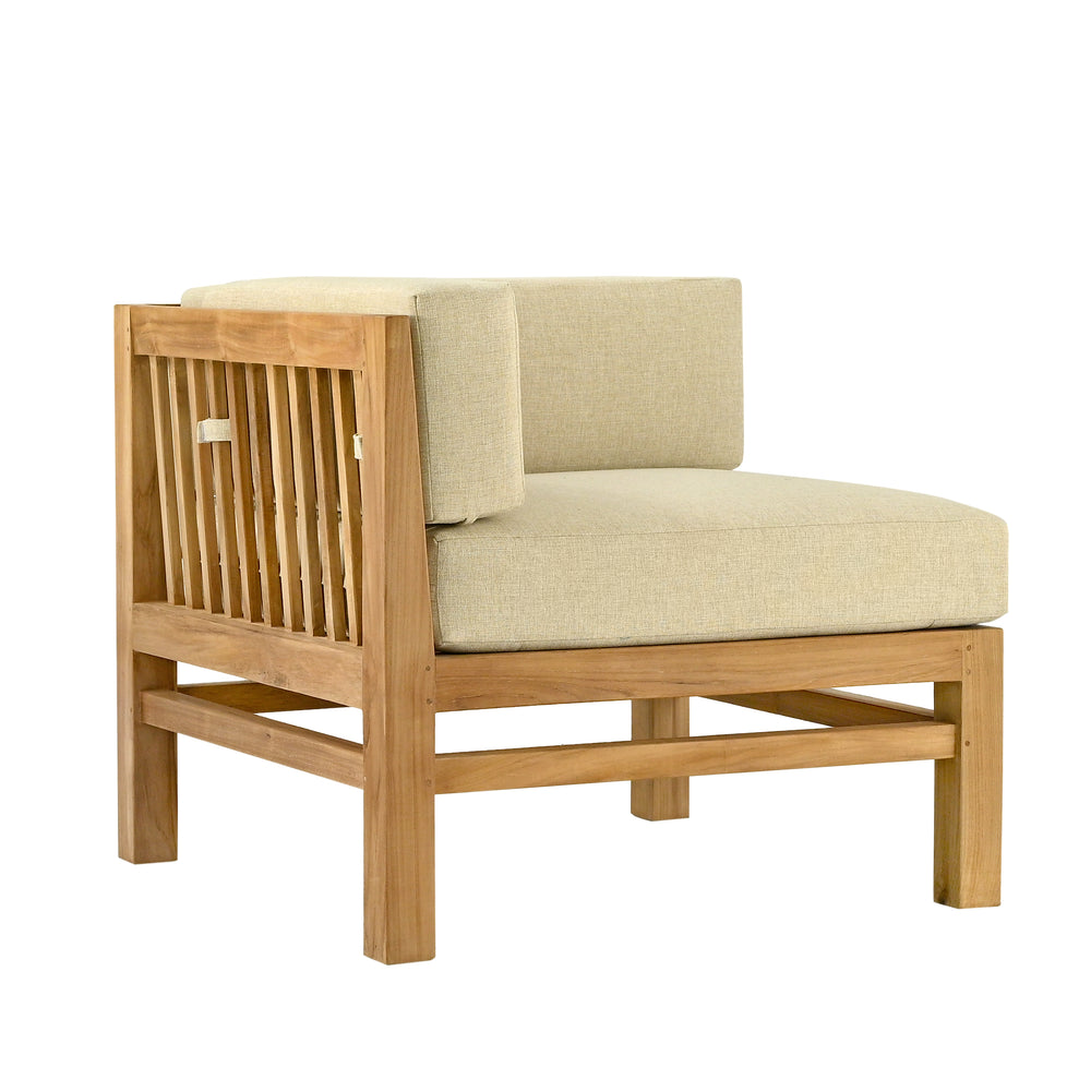 
                  
                    Teak sofa corner unit with beige seat and back cushions on a white background
                  
                