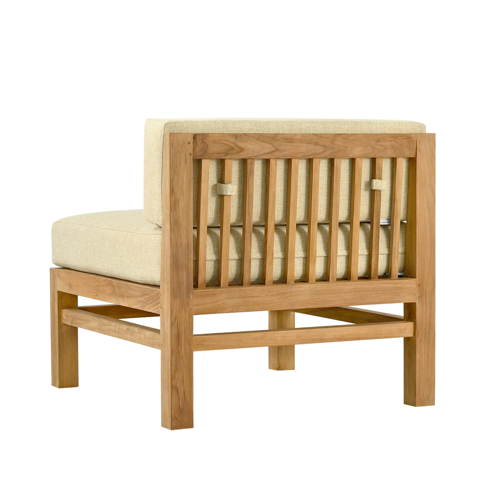 
                  
                    Back view of teak outdoor sofa mid unit with beige cushions on a white background
                  
                