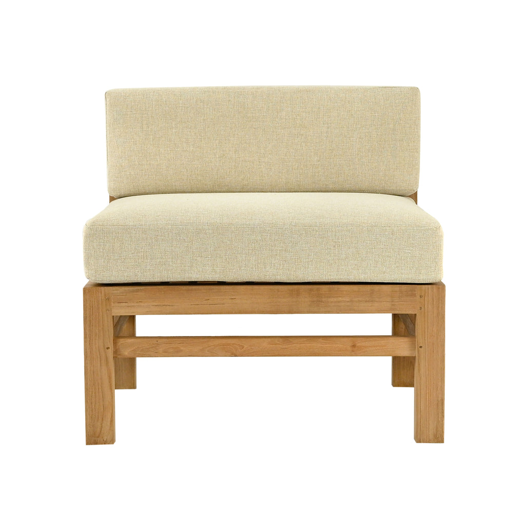 
                  
                    Beige cushioned chair with teak frame on white background.
                  
                