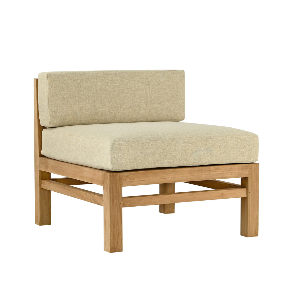 
                  
                    Beige cushioned chair with teak frame on white background
                  
                