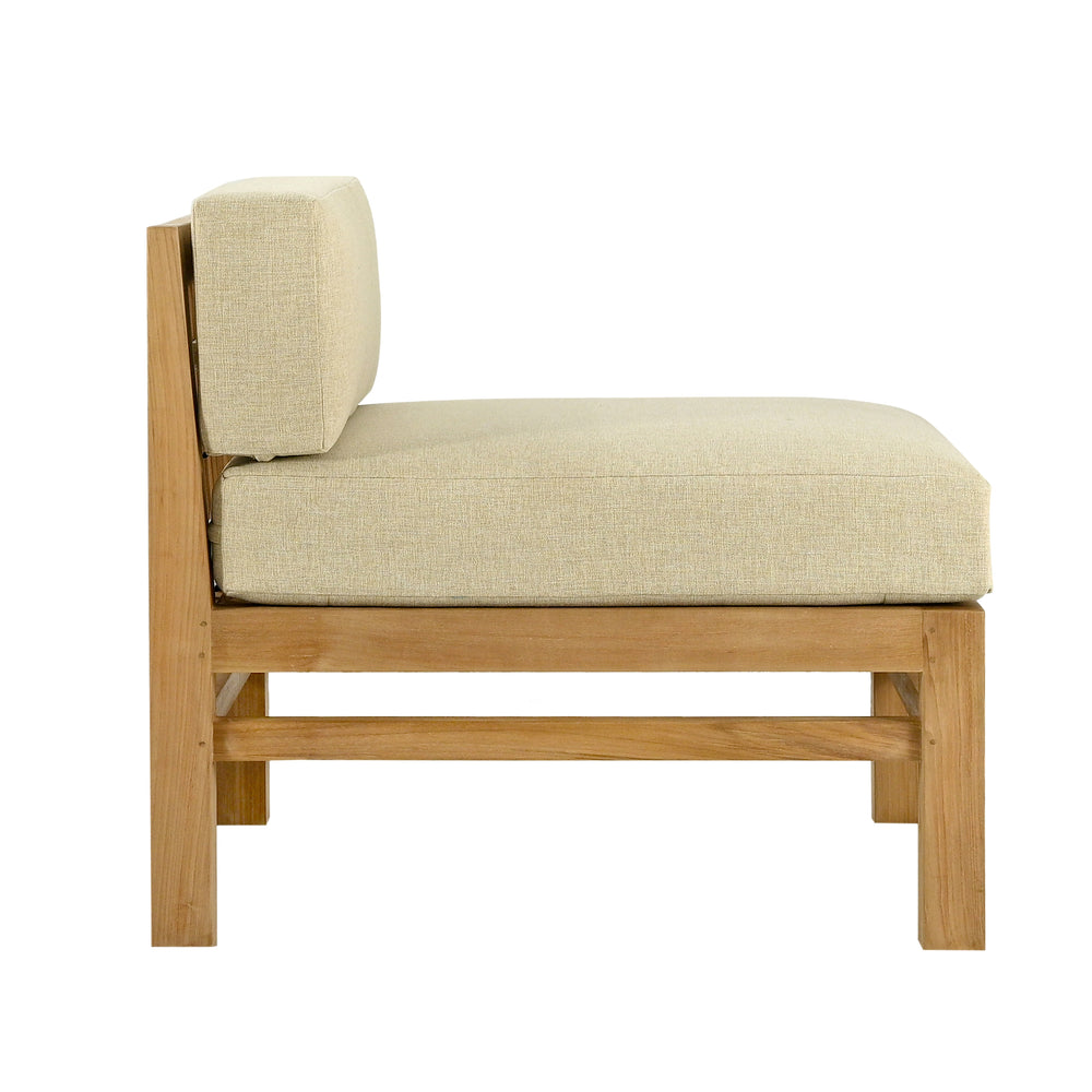 
                  
                    Beige cushioned chair with teak frame on white background
                  
                