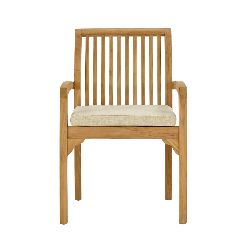 
                  
                    Head on view of single teak dining chair with armrests, with oatmeal cushion, on white background
                  
                