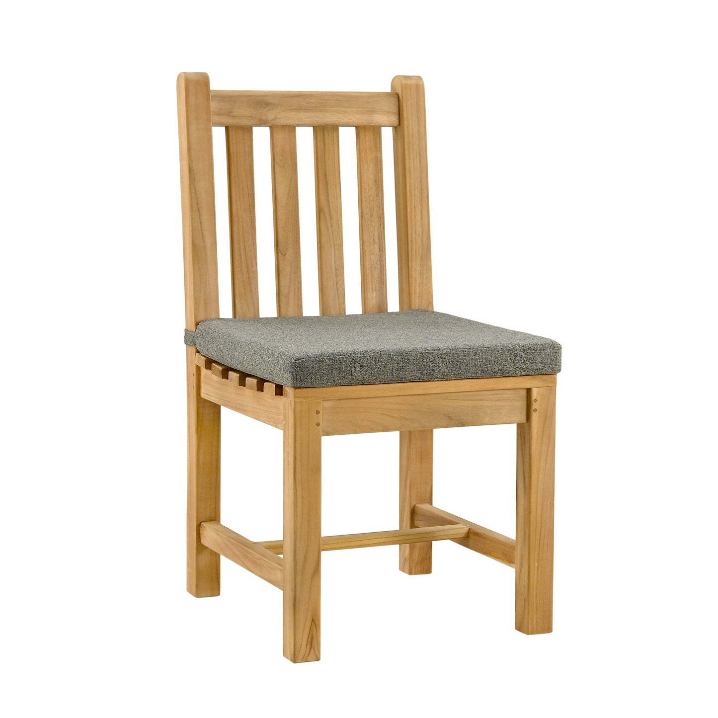Single teak dining chair with no armrests, with charcoal grey cushion, on white background