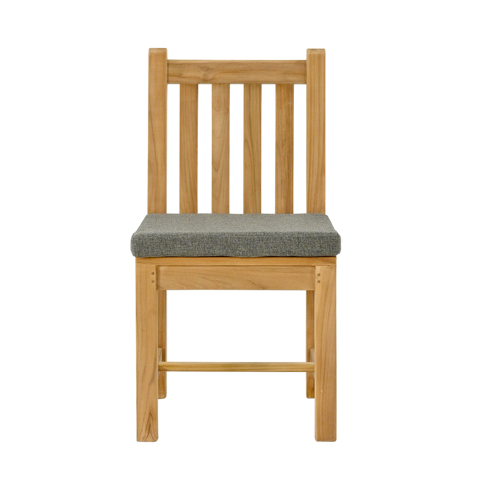 
                  
                    Head on view of single teak dining chair with no armrests, with charcoal grey cushion, on white background
                  
                