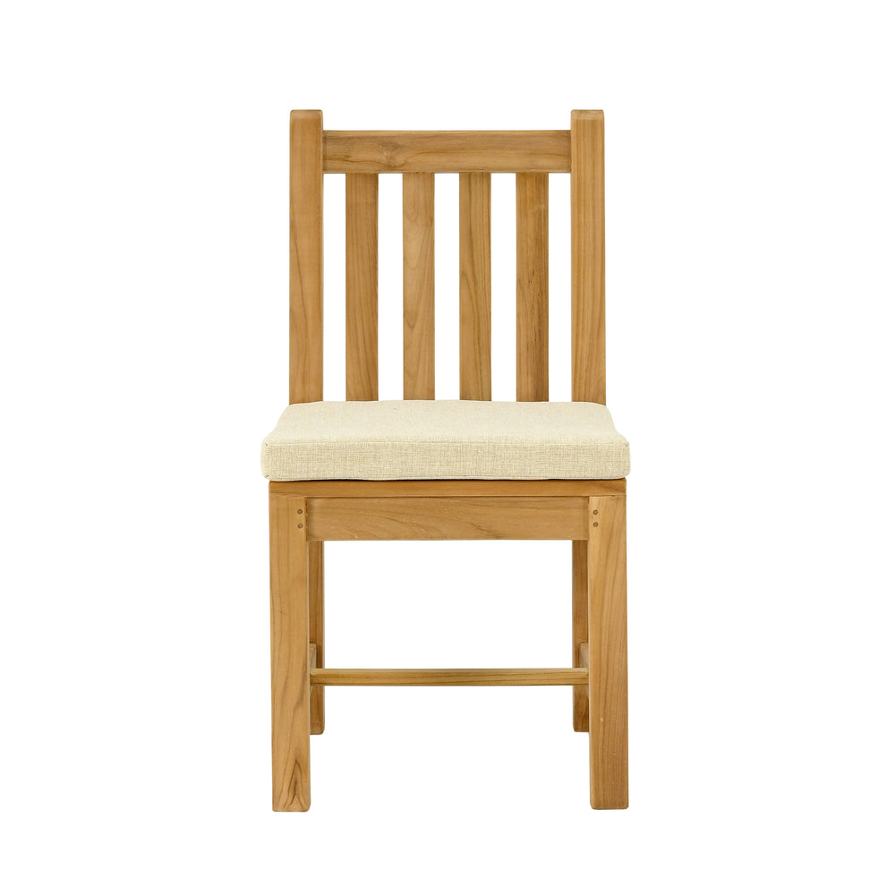 
                  
                    Head on view of single teak dining chair with no armrests, with oatmeal cushion, on white background
                  
                