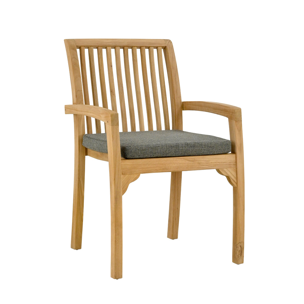 
                  
                    Single teak dining chair with armrests, with charcoal grey coloured cushion, on white background
                  
                