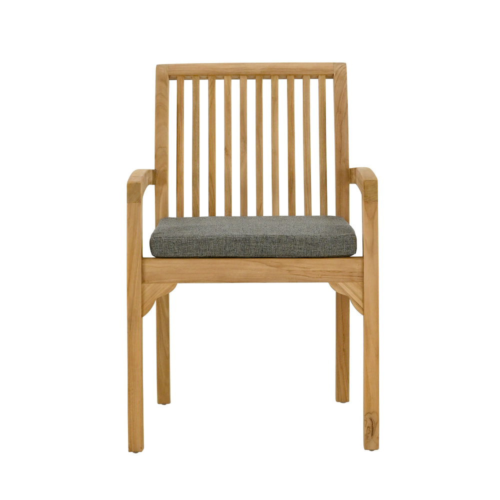 
                  
                    Head on view of single teak dining chair with armrests, with charcoal grey coloured cushion, on white background
                  
                