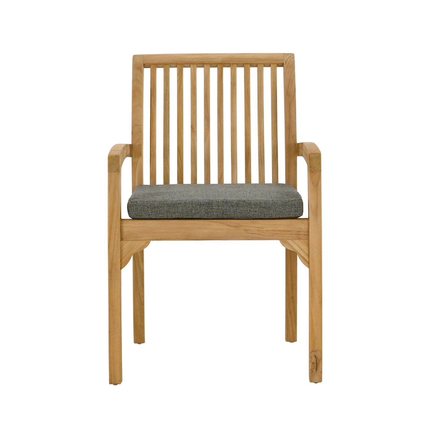 Head on view of single teak dining chair with armrests, with charcoal grey coloured cushion, on white background