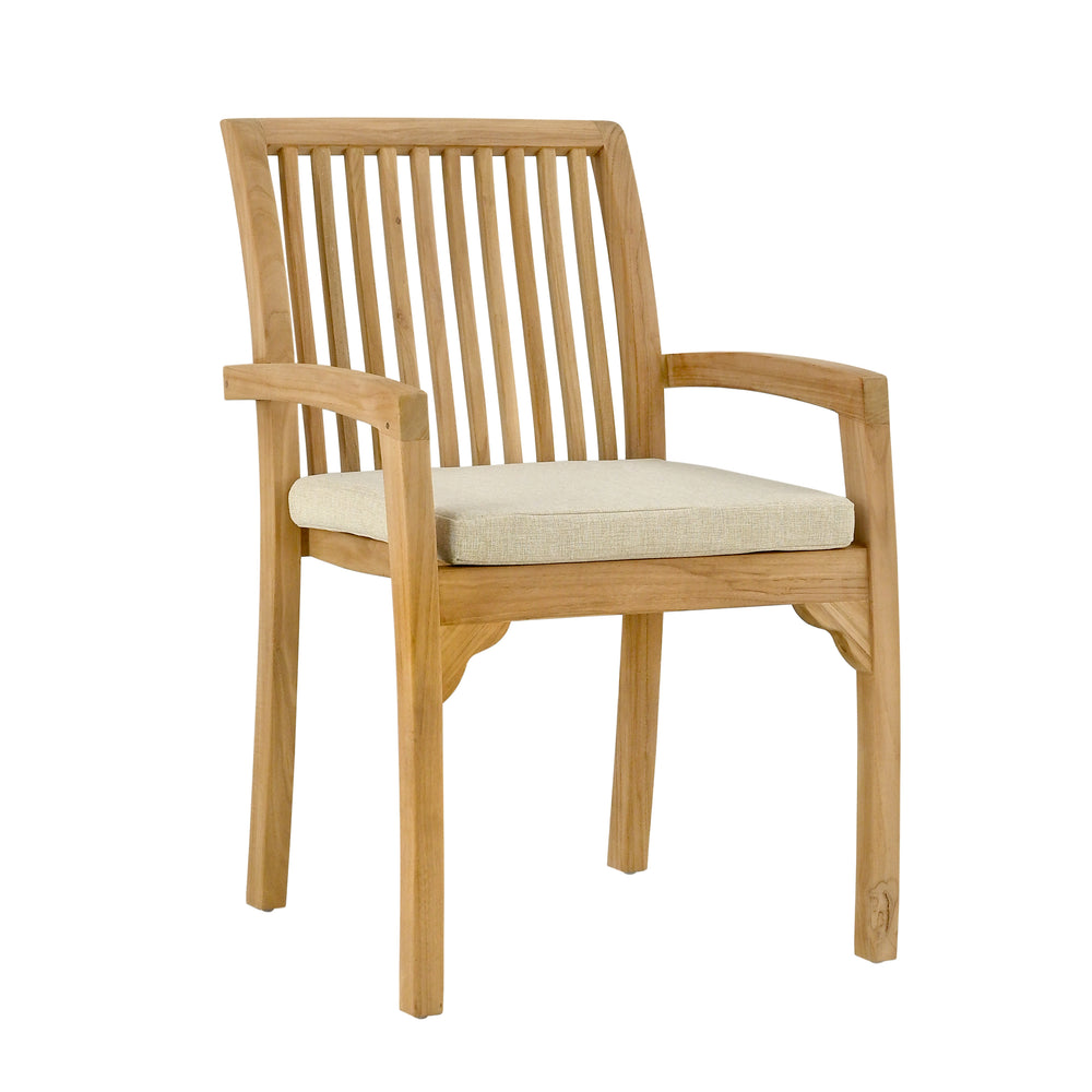 
                  
                    Single teak dining chair with armrests, with oatmeal cushion, on white background
                  
                